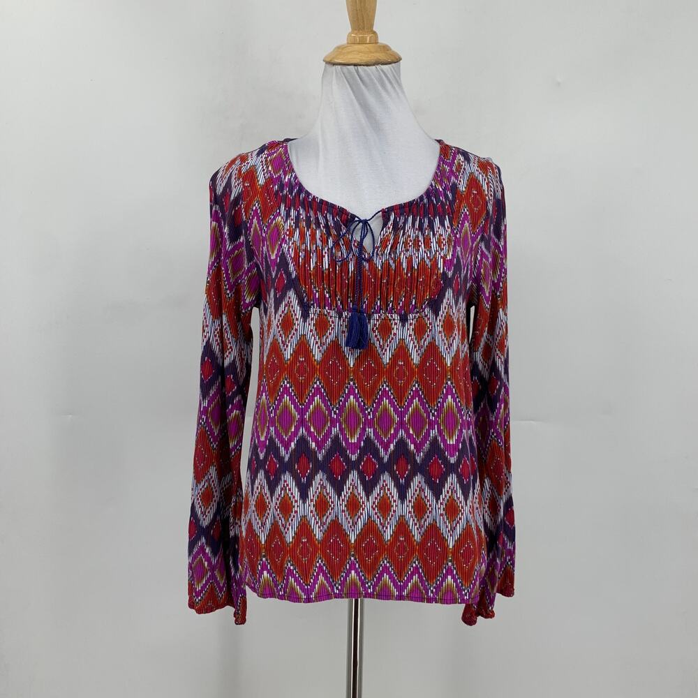 Ariat Blouse Women Small Sophia Chevron Aztec Tassel Tie Split V Neck Top